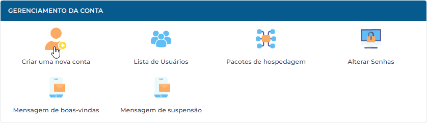 Interface do DirectAdmin para criar uma nova conta de hospedagem
