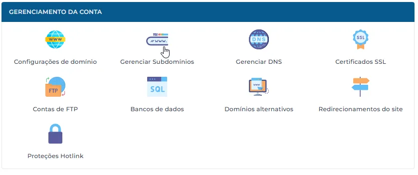 Interface de gerenciamento de subdomínios no DirectAdmin