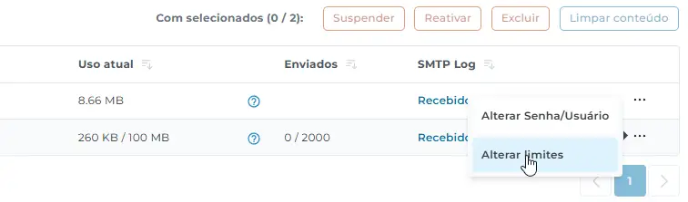 Opção para alterar limites do e-mail no painel do DirectAdmin