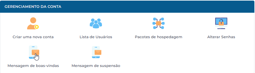 Tela do painel DirectAdmin com opção de mensagem de boas-vindas